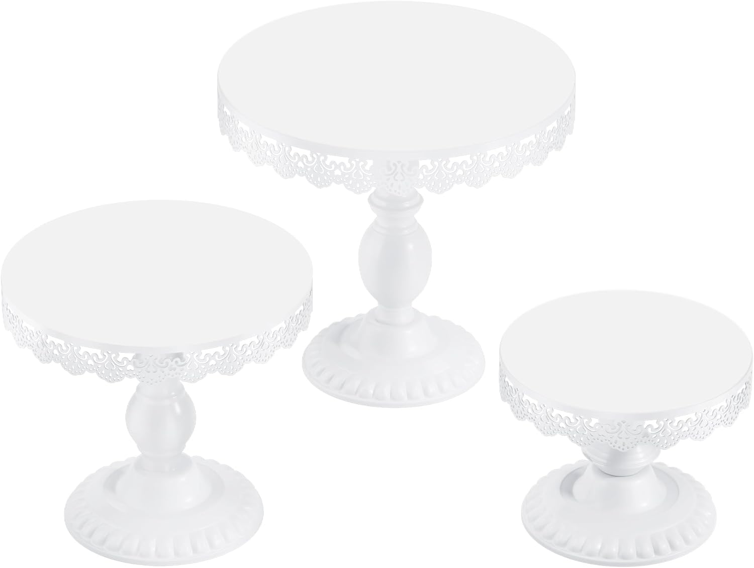 3 PCS White Cake Stands (8"&10"&12" Plate), Cupcake Stand with a lace Hollow Border Metal Cake Stand Set for Birthday Party, Wedding, Anniversary, Baby Shower