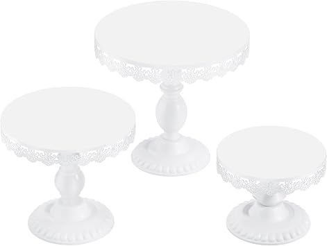 3 PCS White Cake Stands 8"&10"&12" Plate, Cupcake Stand with a lace Hollow Border Metal Cake Stand Set for Birthday Party, Wedding, Anniversary, Baby Shower