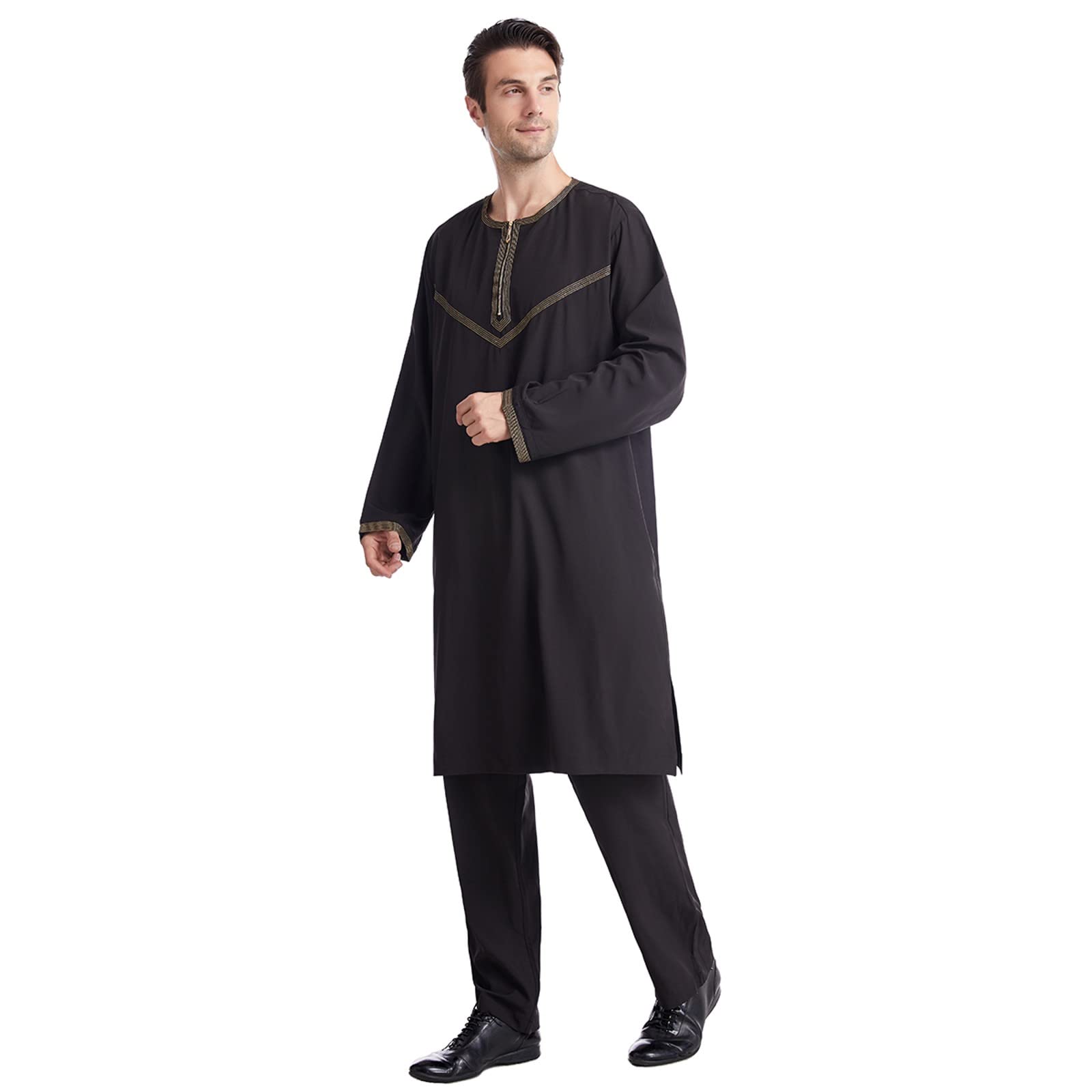 Islamska męska piżama kurta, jednokolorowa, z długim rękawem, z kieszenią na piersi i spodniami, wygodna muzułmańska odzież do noszenia na co dzień, modlitwa, ramadan, Eid