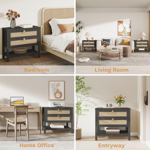 Image of Eclatara Large Rattan Night Stands:Boho Nightstand with Drawers and Storage Shelf,Black Oak Bedside Table End Table Side Table for Bedroom(Black Oak,1 Piece)