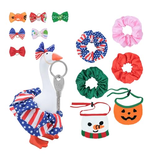 Mini Desk Goose with Outfits 7'' Mini Porch Goose Magnetic Statue Keychain Goose Hats Headwear Dress Clothes for Table Decor