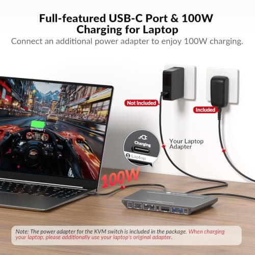 Image of AV Access KVM Switch Docking Station for 2 Monitors 2 Computers, 4K KVM Switch Dual Monitor for Laptop & Desktop, EDID, 1G Ethernet, 100W USB-C Charging, 3X USB 3.0, Ideal for Home Office & Gaming