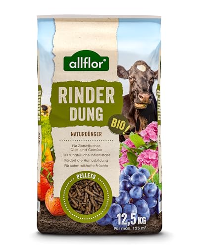 Allflor Rinderdung gekörnt - 1 x 12 5 Kg - Rinderdungpellets im Beutel - Wirtschaftsdünger von Rindern - Biologischer Gartendünger - Rindermist - Fördert die Humusbildung