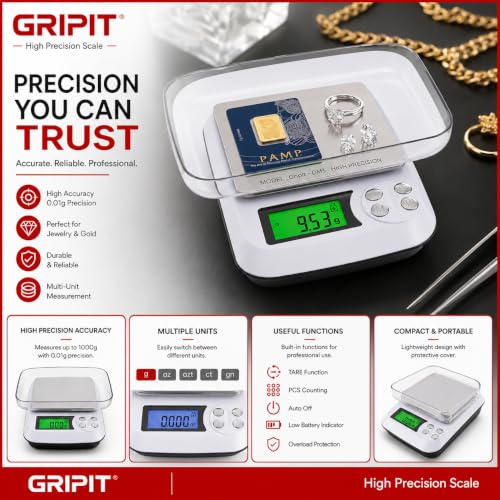 Image of Gripit Jewellery Weighing Scale 1000g x 0.01g - High Precision Digital Gold Weight Machine with Backlit LCD Display for Shops, Labs & Kitchens, Stainless Steel Platform (White)