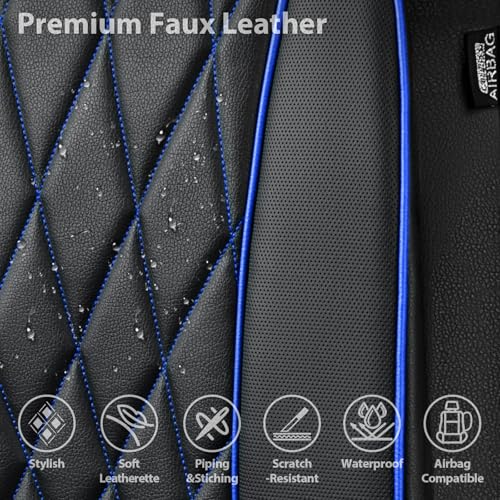 Image of CAR PASS Piping Luxury PU Leather Two Front Car Seat Covers,Waterproof Anti- Slip Seat Covers Compatible with Front Seat Armrests,Universal Fit for Suvs,Vans,Trucks,Airbag Compatible(Black and Blue)