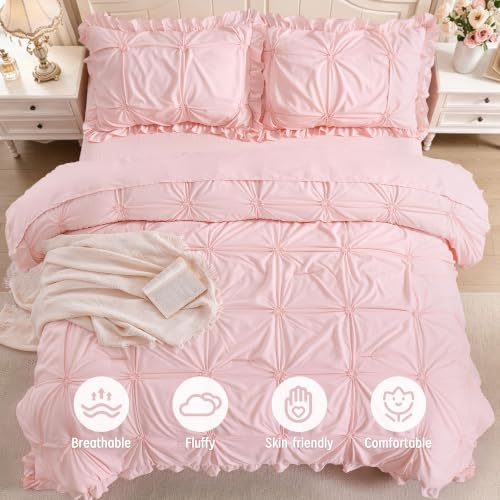 Image of Full Size Comforter Sets for Girls, 5 Pieces Bed in A Bag Full Size Bedding Sets with Ruffles Jacquard Embroidery Comforter, Fitted Sheet, Flat Sheet and 2 Pillowcases, Pink