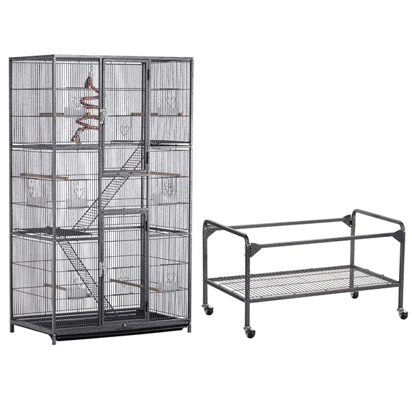 Cage à Oiseaux Grande 3 Niveaux avec Échelles Métal Volière Extérieur Pied Roulette 81 x 46,5 x 175,5 cm Noir