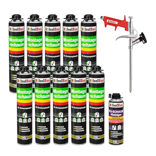 Isolbau Bauschaum-Set - Inkl. 10 x 1K Montageschaum B2 Pistolenschaum mit hervorragender Schall und Wärmedämmung (je 750 ml), 1 x PU-Schaum-Reiniger (500 ml) & 1 x Schaumpistole, Dämmen Isolbau Bauschaum-Set - Inkl. 10 x 1K Montageschaum B2 Pistolenschaum mit hervorragender Schall und Wärmedämmung (je 750 ml), 1 x PU-Schaum-Reiniger (500 ml) & 1 x Schaumpistole, Dämmen