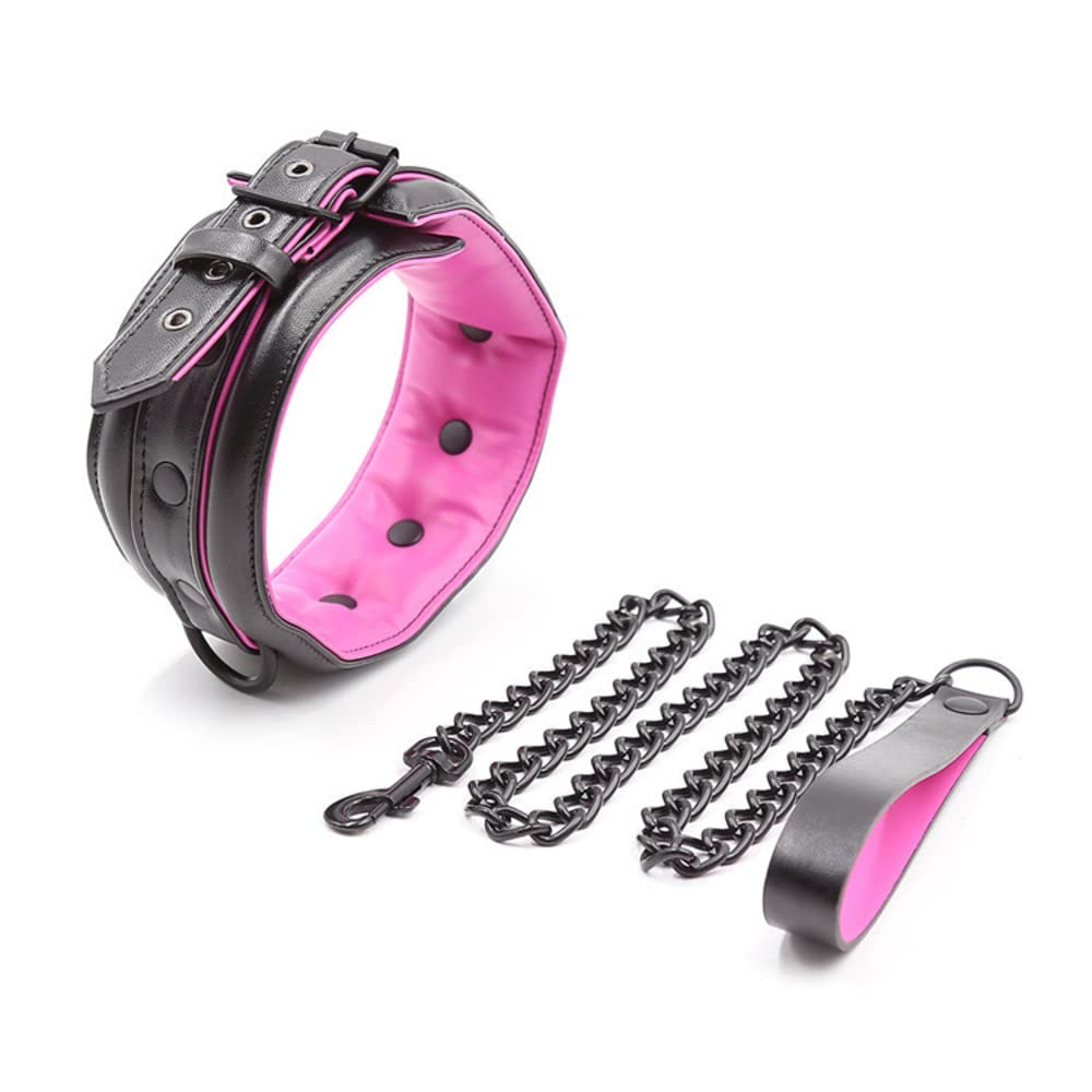 Stylex Unisex Pink & Black Collar With Lead Bondage Bdsm Roleplay Sexy Restraint