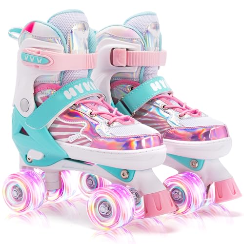 HYKID Patines de ruedas para niñas, patines de fitness con patrón de mariposa, plantilla recortable incluida, 4 tamaños ajustables con ruedas iluminadas completas (pequeño)