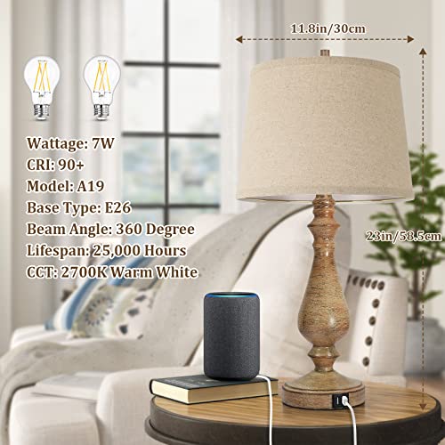 Farmhouse USB Table Lamps Set of 2, Dimmable Touch Control Bedside Lamps, Rustic Nightstand Reading Lamps with Cream Fabric Shade for Bedroom Living Room Office, Oak Metal Base, 2700K Bulbs Included - Thumbnail 6