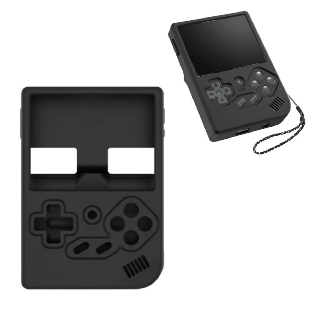 Silicone Protective Case for ANBERNIC RG35XX, Game Console Protective Cover Protective Sleeve Solid Color Skin Drop Resistant Case with Lanyard (Black)