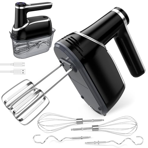 Cordless Hand Mixer, 12-Speed Rechargeable Electric Handheld Mixer with 6 x 304 Stainless Steel Attachments (2 Whisks, 2 Beaters, 2 Dough Hooks) & Storage Case, for Baking, Eggs, Cakes (Black)  