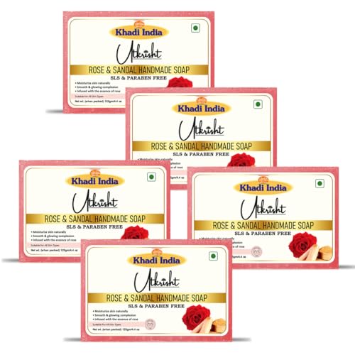 Image of Khadi Rose & Sandal Handmade Bathing Soap Bar 125g (Pack of 5) | Natural & Herbal | Glowing, Hydrating & Brightening Skin | For Acne & Blemishes | All Skin Types | For Men & Women
