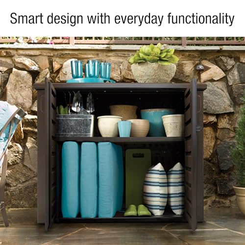 Image of Rubbermaid Decorative Outdoor Storage Cabinet (123 Gal), Weather Resistant, Brown, Organization for Home /Backyard /Pool Chemicals /Toys /Garden Tools /Porch /Patio Cushions