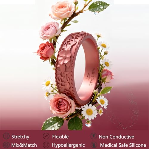 Image of Silicone Wedding Rings for Women 1 /4 /7 Packs -Stackable Silicone Rubber Wedding Bands - Innovative Flower & Vine Collection