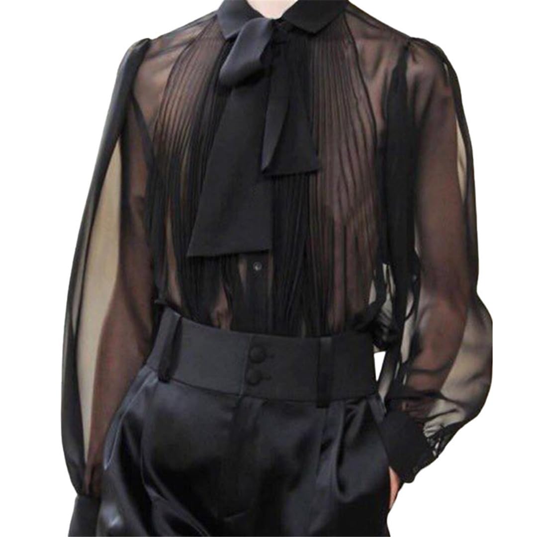 Camicia da Uomo Sexy in Maglia Trasparente con Risvolto Manica Lunga con Cravatta Pieghettata Abbigliamento da Festa Solido