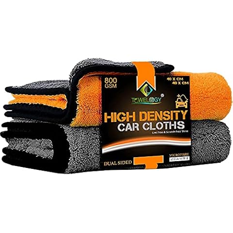 Towelogy® Microfibre Car Cleaning Cloths 800gsm High Density CHEMICAL FREE Washing Drying Buffing Double Side Super Absorbent Auto Detailing Large Towels 40x40cm (Orange/Grey, Pack Of 2) Cover