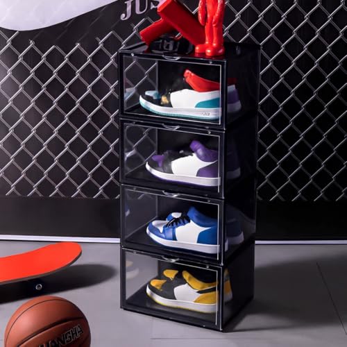 Image of NYALKARAN Shoe Storage Organizer Box for Sneakers - Transparent, Heavy Duty, Stackable with Magnetic Door - Large Plastic Shoe Box for Men & Women (Black, Pack of 1)
