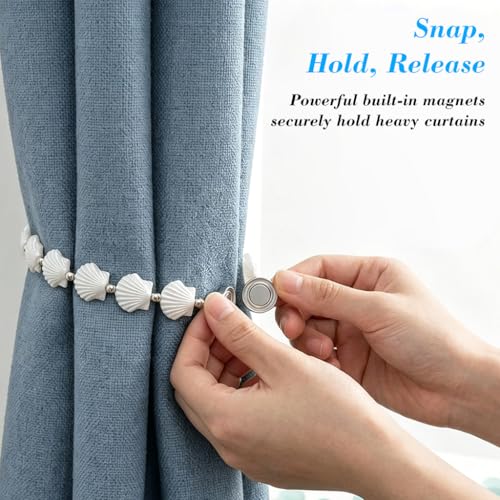 Image of HASTHIP 2Pcs White Seashell Chain Curtain Tiebacks for Heavy Drapery, Magnetic Curtain Holdbacks, Decorative Coastal Curtain Tie Back for Living Room & Bedroom, 40cm