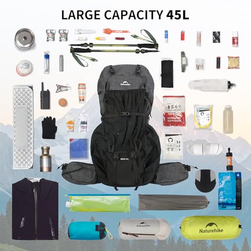 Image of Naturehike 45L Rock 2.0 Upgraded Internal Frame Hiking Backpack for Outdoor Camping Travel Backpacking, Ultralight with Rain Cover Backpack for Adults(Black /L /45L)