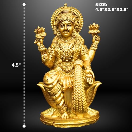 Image of Goddess Lakshmi Laxmi Devi MATA Idol - 4.5 Inches Polystone Material Murti - Colour - Brass, Silver - Perfect Statue for Car Dashboard, Home, and Office Decor Indian God Small Size (Brass)