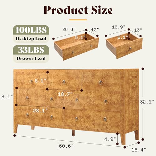 Image of AMERLIFE 61 inch Wide 7-Drawer Dresser, Mid-Century Modern High Gloss Burl Wood Finish Chest of Drawers with Anti-Tip Kit, Storage Organizer for Bedroom, Living Room, Entryway, Office, Yellow