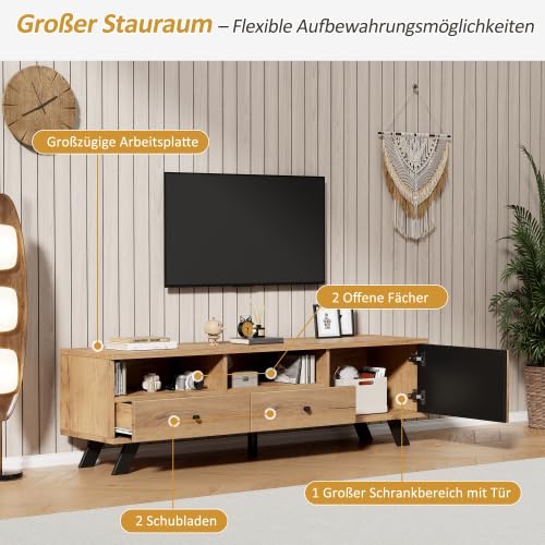 Merax TV Schrank, Lowboard für 60 Zoll Fernseher, Wohnzimmer Möbel aus Spanplatte mit Holzmaserung und Schwarz, 2 Schubladen, 1 Schrank, Kabelmanagement, für kleine Wohnungen