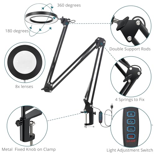 YGiTK Magnifying Glass with Light, 109cm Arm Length Magnifying Desk Lamp, 3 Color Modes & 10 Brightness Dimmable - Image 4