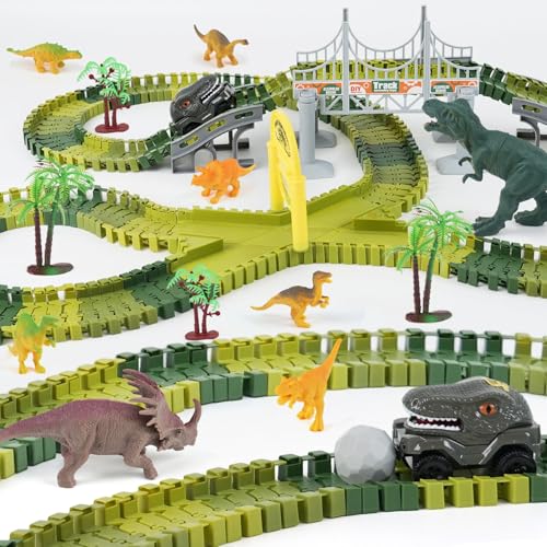 Image of Dinosaur Race Car Track Toys for Kids, Birthday Gifts for 3 4 5 6 7 Year Old Boys Girls, 255+ PCS Dinosaur World Adventure Building Playset with Flexible Track, DIY A Dinosaur World Road Race