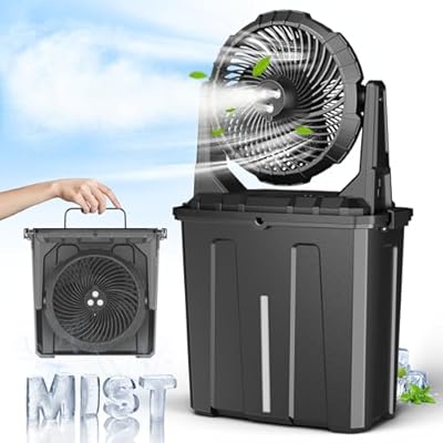 Ausic 9L Bucket Portable Misting Fan for Outdoors Patios, 20000mAh Rechargeable Battery Operated Camping Fan, 3 Strong Winds, 3 Large Spray Outlets, for Fishing/Travel/Garden Party/Golf/Tent/Office