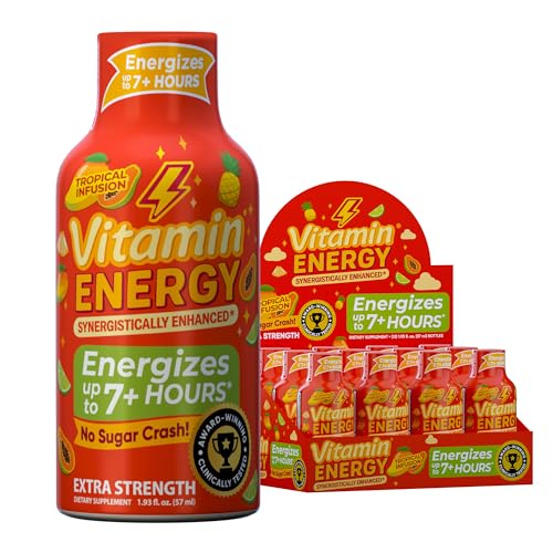 Image of Vitamin Energy Tropical Infusion Extra Strength Energy Shot, 8 Pack - Up to 7 Hrs, 260mg Natural Caffeine, Zero Sugar - BCAAs + CoQ10, Focus Support, B12 B6 Niacin, 1.93 fl oz, Keto Vegan