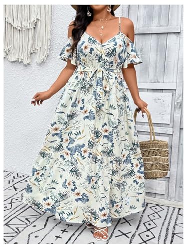 Image of Floerns Women's Plus Size Cold Shoulder Short Sleeve Split Thigh Long Dress