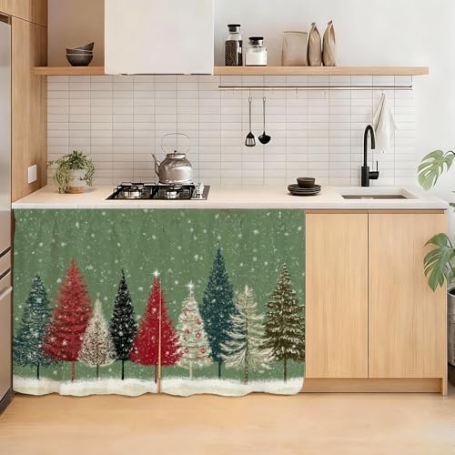 Image of Winter Colorful Pine Trees Snowfall Scene Cabinet Curtain 39.37 x 27.56 Inch Polyester Decorative Cover for Kitchen Sink Cabinet Bathroom Vanity Laundry Area Table Window Door