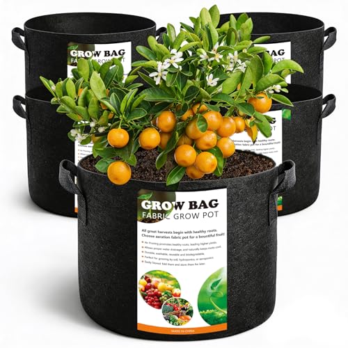 COKIELE 5 Pack 7 Gallon Grow Bags with Handles Thickened Aeration Nonwoven Fabric Garden Growing Bags Heavy Duty 300G for Tomato Potato Strawberry Vegetable Fruits and Flowers