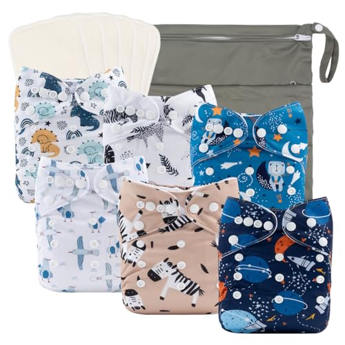 Image of babygoal Reusable Cloth Diapers 6 Pack+6pcs Rayon from Bamboo Inserts+Wet Bag, One Size Adjustable Washable Pocket Nappy Covers for Baby Boys and Girls 6FB36