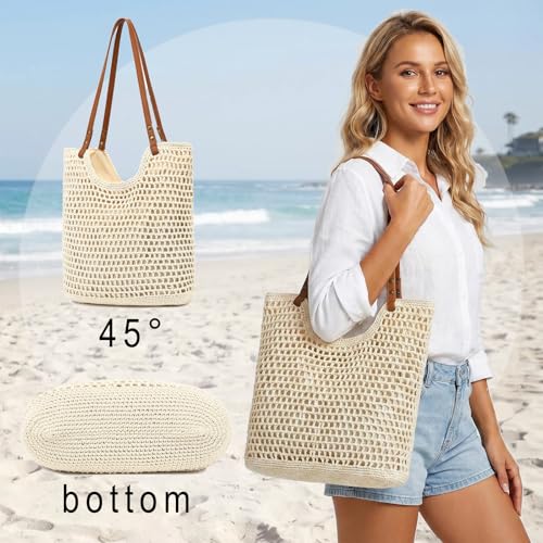 Image of Bycobecy Woven Tote Bag for Women, Summer Beach Bag Large Crochet Shoulder Purse Handbag Boho Knit Bag for Summer Travel