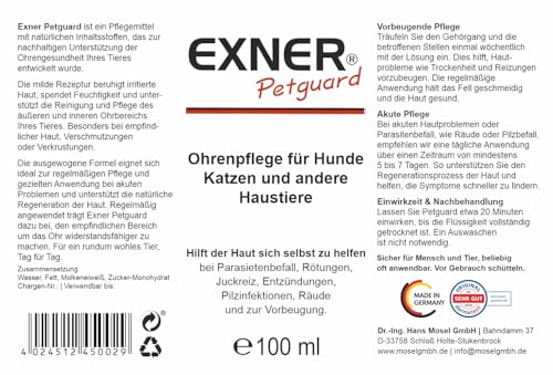 Exner Petguard Ohrenpflege für Hunde, Katzen & andere Haustiere - Mittel bei Juckreiz, Haarausfall, Entzündung, Parasiten, Räude, Milben & Pilzbefall - biologisch & natürlich - 100 ml Tropfflasche