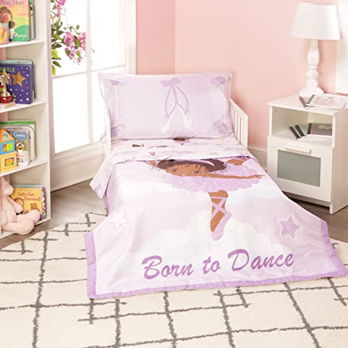 Everyday Kids 4 Piece Toddler Bedding Set – African American Ballerina - Includes Comforter, Flat Sheet, Fitted Sheet And Reversible Pillowcase – Girls Toddler Bedding #TOP1