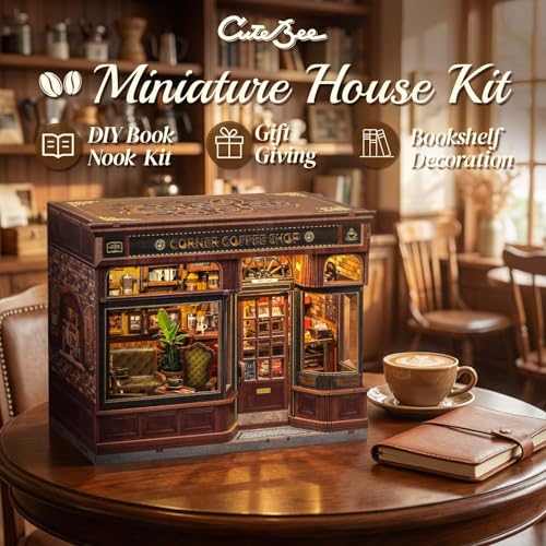 Image of CUTEBEE Book Nook Kit - Coffee Shop Miniature House Build Yourself | 3D Wooden Puzzle & Bookend - Bookshelf Decoration & Gift (Corner Coffee Shop)