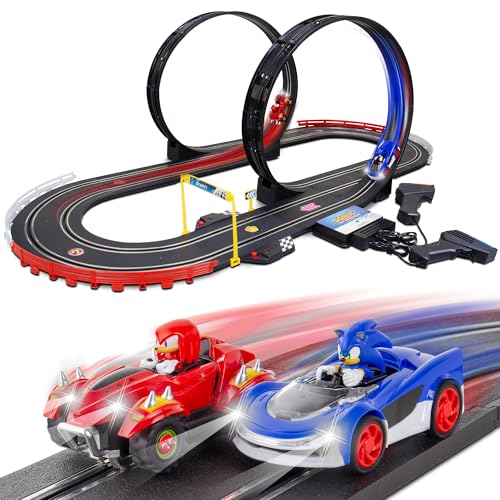 NKOK Sonic Racing: CrossWorlds Slot Car Race Track Set with Super Loop, Sonic & Knuckles 3.5” Cars, Turbo Boost Hand Controllers, Lap Counter, Light-Up Headlights, Approx. 18 ft Track
