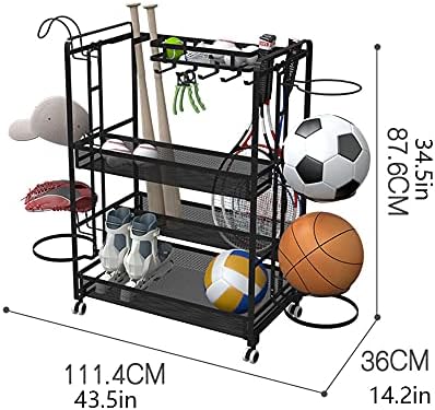 Metal Sports Ball Storage Cart - Freestanding Rolling Rack for Basketball, Football & Volleyball - Easy to Move, Stylish Black Design for Organized Sports Equipment & Hat Storage