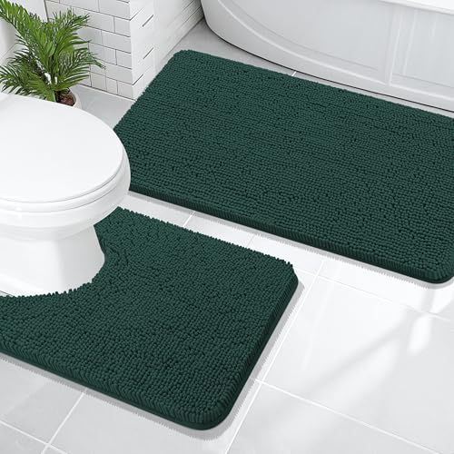 Image of OLANLY Bathroom Rugs Sets 2 Piece, Soft Absorbent Chenille Bath Mats and U-Shaped Contour Toilet Rug Set, Machine Washable Bath Carpet, Home Decor Accessories(47 inchx20 inch+24 inchx20 inch, Blackish Green)