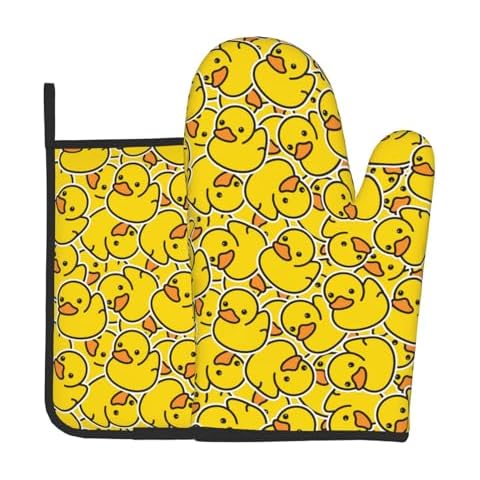 Lukbfall Yellow Cartoon Ducks Oven Mitts Set Cover
