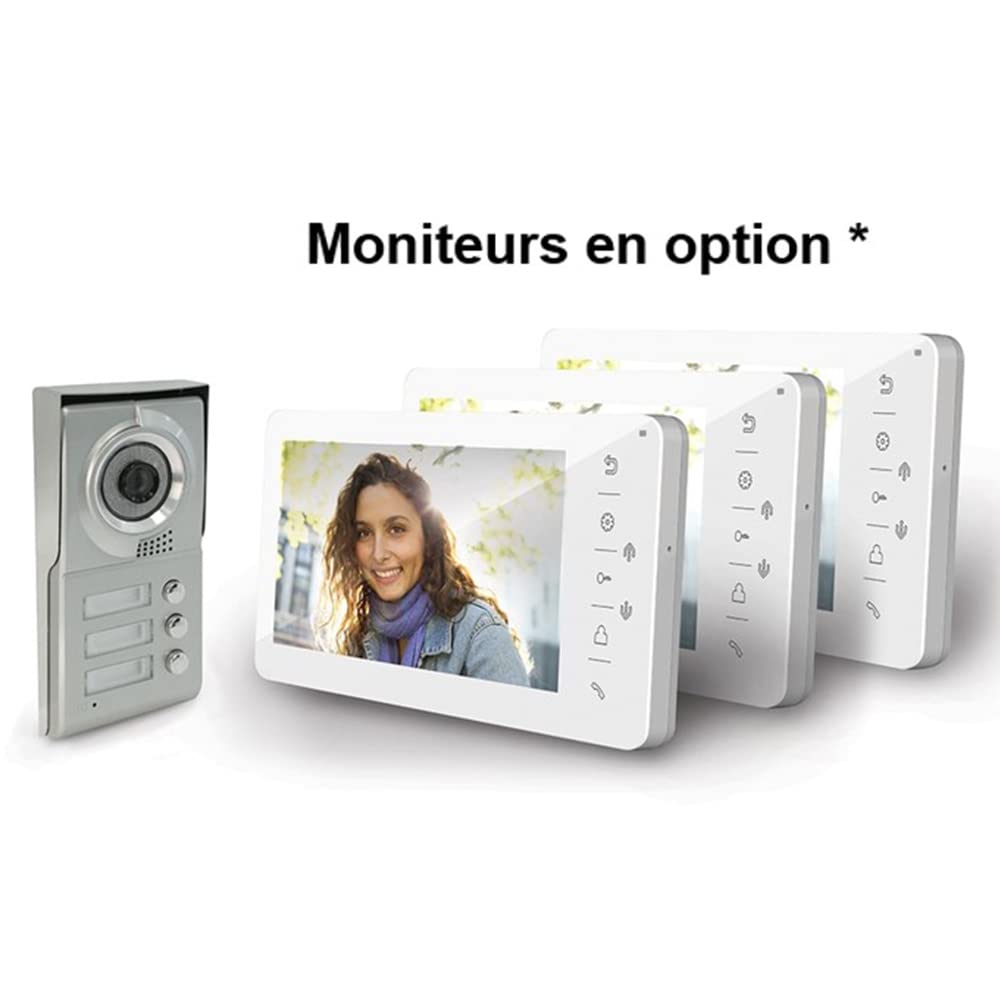 SCS Sentinel - PMP0011 - Platine de Rue 3 Boutons pour Interphone Vidéo Collectif 4 Fils - Pour Petit Immeuble ou Résidence 3 Logements - Façade Alu - Angle de vision 110° - Porte-Étiquette - 3B1