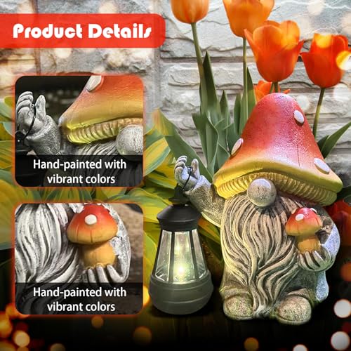 OAWPKY Mushroom Gnome Garden Decor Outdoor Statues, Cute Solar Lights Lawn, Balcony, Yard Decorations, Outdoor Garden Decorations for Patio Mom Gift - Image 3