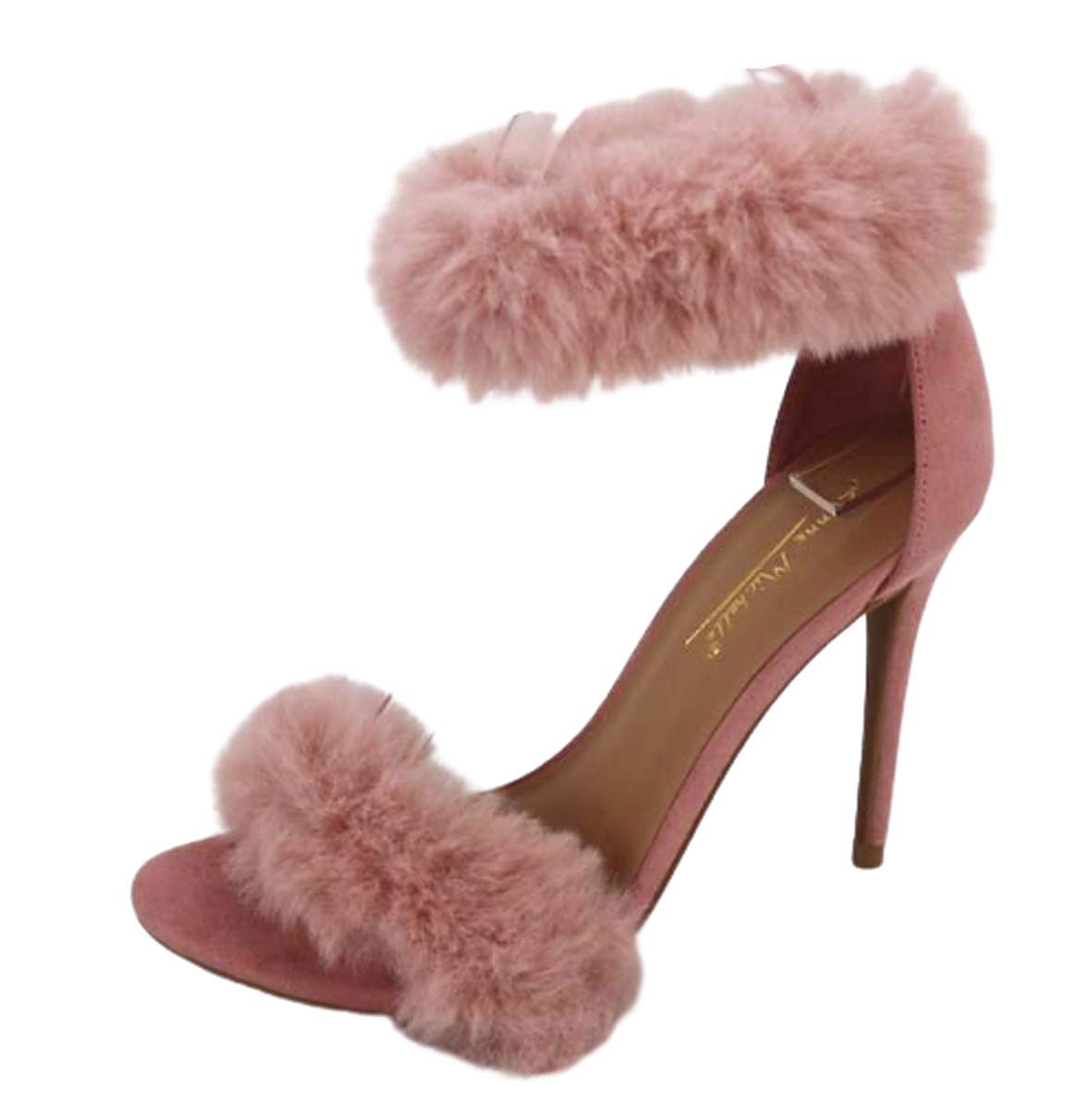 Women's Fur Ankle Strap High Heel Sandals Open Toe Stiletto Heels with Feather Wedding Party Dress Pump Shoes