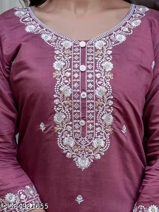Image of Women's Chanderi Silk Kurti with Rayon Slub Pants & Dupatta | Printed Three-Quarter Sleeve Ethnic SetRound Wine