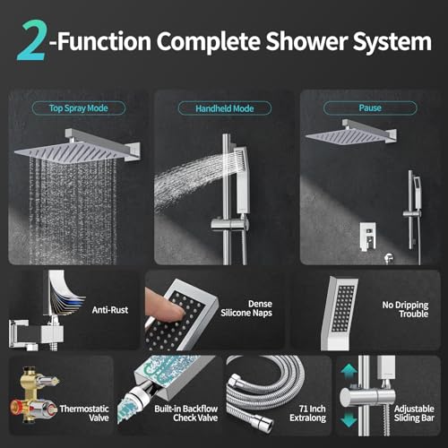 Image of SR SUN RISE 12 Inch Square Shower System with Slide Bar,Polished Chrome