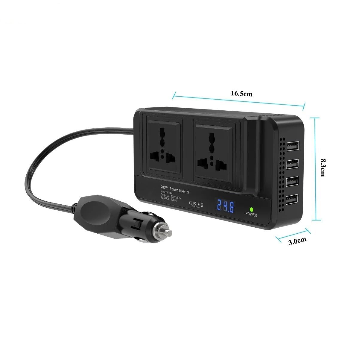 Convertidor Corriente Inversor De Corriente para Coche 200 W con Dos Enchufes Universales Y USB QC3.0. Conversor CC 24 V A CA 220 Convertidor